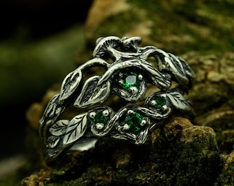 Mushroom Wedding Ring with Emerald Chevron Twig Stack, Woman Silver Elvish Bridal Set Nature Theme, Earthy Wishbone Ring Stack