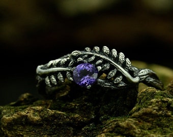 Silver Leaf Branch Amethyst Wedding Ring, Unique Foliage Engagement Ring for Women with Forest Themed, Nature Inspired Fantasy Jewelry