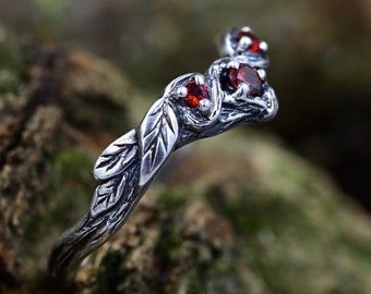 Magical Woodland Leaf Engagement Ring with Elvish Garnet Twig for Woman, Curve Branch Wedding Band Silver, Female Wiccan Promise Ring