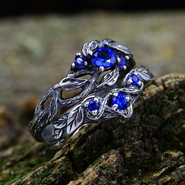 Forest Nature Celtic Wedding Ring Set, Unique Elven Wedding Rings Set, Stacking Ring Set with Birthstone & Leaf Branch, Ethereal Jewelry