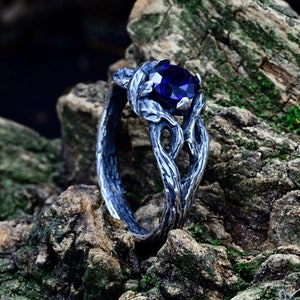 Elven Fairy Promise Ring with Braided Branch, Fantasy Sapphire Engagement Ring for Women, Dainty Twig Leaf Branch Ring, Forest Jewelry