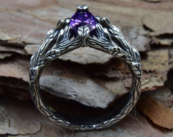 Unique Amethyst Ring, Silver Tree Branch Ring, Wood Fantasy Ring, Engagement Ring with Branch & Leaf