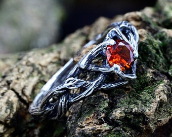 Unique Forest Witch Ring with Garnet, Ethereal Engagement Ring for Woman, Silver Tree Branch Wedding Ring with Leaf Pettern