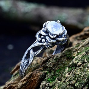 Fantasy Moonstone Nature Ring with Tree of Life Design, Whimsical Wedding Ring for Woman with Floral Branch Band