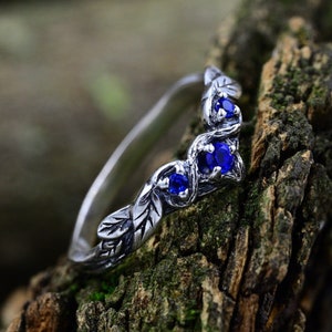 Celtic Twig and Leaf Wedding Ring with Sapphire for Woman, Silver Fairy Elven Branch Ring, Nature Engagement Ring