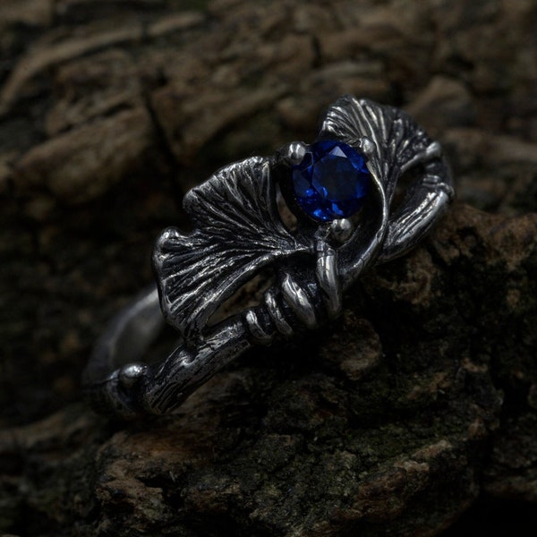 Sapphire Twig and Leaf Engagement Ring, Fantasy Ginkgo Tree Wedding Ring, Elven Fairy Ring with Branch, Unique Forest Fairy Jewelry