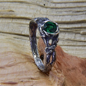 Delicate Silver Branch and Leaf Engagement Ring with Emerald Flower, an Unusual Floral Ring for Women with a Motif of Nature