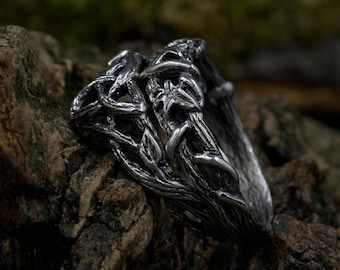 Woodland Witches Knot Engagement Ring Set, Silver Branch and Leaf Ring Set, Enchant Forest Wedding Ring Set, Fantasy Nature Jewelry