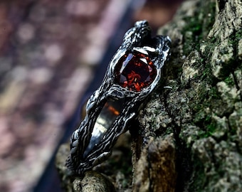 Tree Branch Celtic Mens Ring, Enchanted Forest Viking Wedding Ring, Woodland Elven Witchy Ring, Garnet Silver Fantasy Jewlery