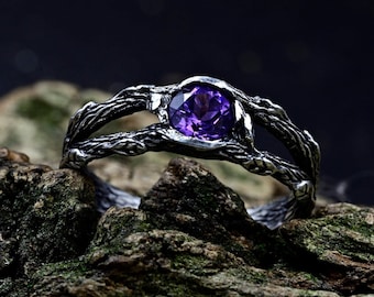Unique Branch Ring with Amethyst, Nature Wedding Band with Celtic Twig Design, Unusual Engagement Ring, Silver Tree Bark Ring