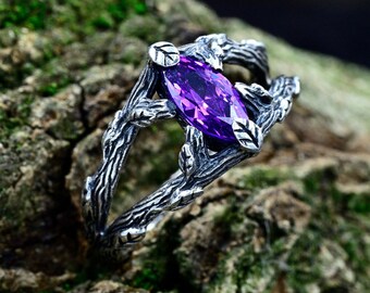Unique Forest Witch Ring with Amethyst, Ethereal Engagement Ring for Woman, Silver Tree Branch Wedding Ring with Leaf Pettern