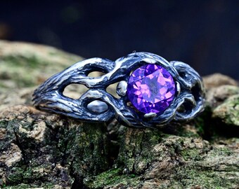 Unique Forest Witch Ring with Amethyst, Ethereal Engagement Ring for Woman, Silver Tree Branch Wedding Ring with Leaf Pettern