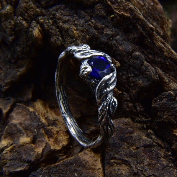 Mens Nature Inspired Sapphire Ring, Twig and Leaf Elven Wedding Ring, Male Forest Fairy Promise Ring with Tree Branch, Unique Jewelry