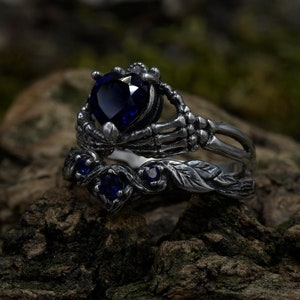 Gothic Wedding Ring Set with Sapphire, Fantasy Forest Wedding Ring Set, Witchy Stack Rings Set, Dark Elven Fairy Ring, Unique Jewelry