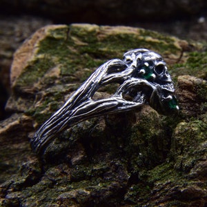Dark Fantasy Tree Branch with Skull Engagement Ring with Intricate Band, Mystical Nature Inspired Wedding Band for Man