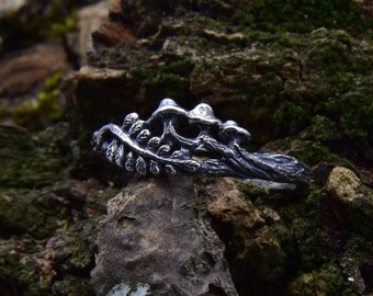 Fantasy Nature Engagement Ring with Mushroom, Fern Leaf and Tree Bark Detail, Silver Witch Twig Ring, Boho Forest Ring with Mushroom Jewelry