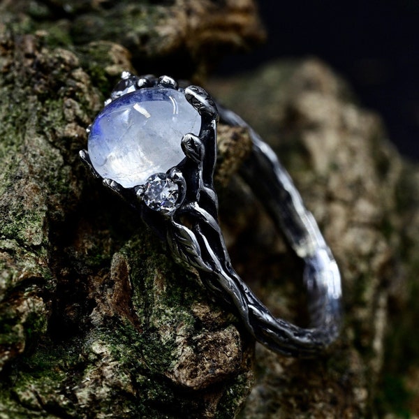 Elven Fairy Wedding Ring with Branch and Leaf, Forest Moonstone Floral Twig Engagement Ring, Witchy Fantasy Jewelry for Women