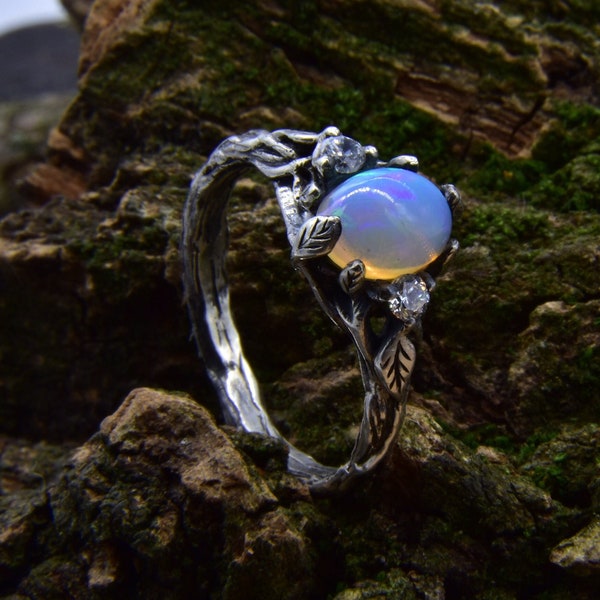 Witchy Cottagecore Engagement Ring with Oval Opal and Forest Design, Romantic Wedding Band with Leaf and Tree in Silver