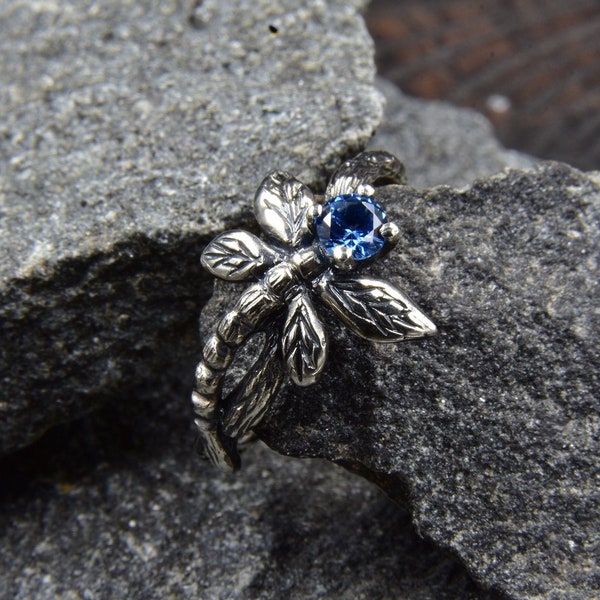 Silver Engagement Ring with Sapphire Dragonfly, Nature Inspired Twig Design, Alternative Bridal Ring