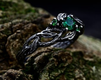 Forest Branch and Leaf Emerald Ring, Fantasy Elvish Engagement Ring with Nature Theme, Mystical Twig Wedding Ring, Unique Silver Jewelry