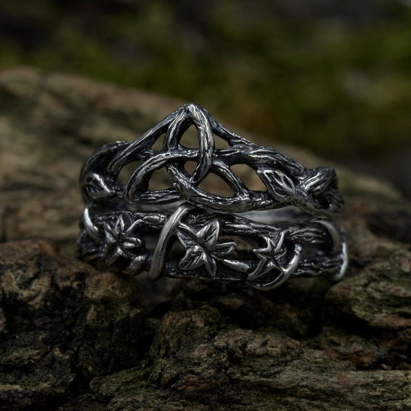 Celtic Wedding Ring Set Womens, Ivy Leaves Band Ring Set with Witch Knot, Fantasy Branch Ring Set with Elven Motif, Forest Fairy Jewelry
