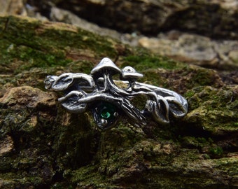 Unique Cottagecore Mushroom Engagement Ring for Women with Forest Design, Non Traditional Leafy Twig Wedding Witchy Ring in Silver