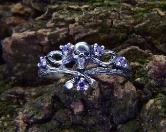 Gothic Amethyst Skull Wedding Band, Forest Fairy Witchy Purple Knot Ring, Unique Pagan Woodland Braided Branch Ring, Womens Pirate Jewelry