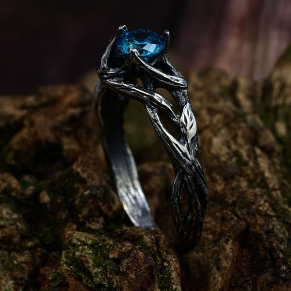 Male Aquamarine Promise Band with Fairy Branch, Silver Nature Inspired Wedding Band for Man, Witchy Engagement Ring Masculine