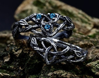 Matching Viking Wedding Bands, Couple Celtic Forest Ring Set, Wiccan Love Knot Engagement Ring, Aquamarine Fantasy Branch Witch Jewelry