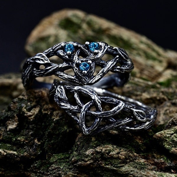 Matching Viking Wedding Bands, Couple Celtic Forest Ring Set, Wiccan Love Knot Engagement Ring, Aquamarine Fantasy Branch Witch Jewelry