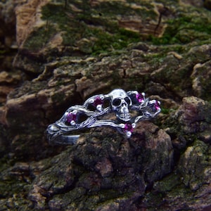 Ruby Skull Ring: Sterling Silver Witch Engagement Ring, Goth Wedding Band