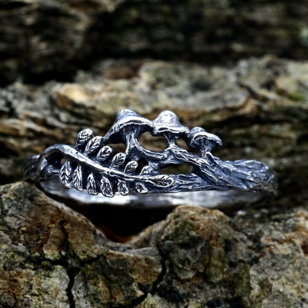 Unique Silver Mushroom Ring, Branch and Fern Engagement  Ring, Gift for Her, Forest Wedding Band, Nature Inspired Woodland Ring