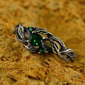 Three-stone Emerald Ring With Intricate Silver Branches, Ring With Green Stone and Leaves, Ring With Nature Inspired Design
