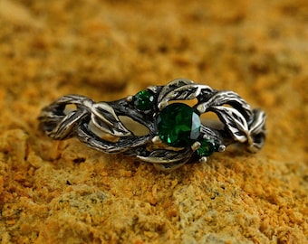 Forest Branch and Leaf Emerald Ring, Fantasy Elvish Engagement Ring with Nature Theme, Mystical Twig Wedding Ring, Unique Silver Jewelry