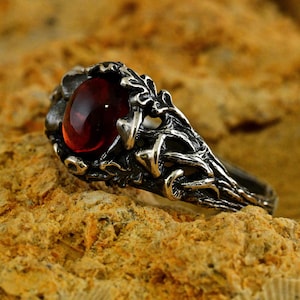 Celtic Vintage Oak Leaf Engagement Ring and Tree Branch, Medieval Druid Silver Promise Band Garnet Mushroom, Fairy Woodland Wedding Jewelry