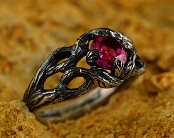 Mens Braided Wedding Ring with Tree Branch Band and Leaf Design, Unique Masculine Engagement Ring, Silver Forest Promise Ring for Him