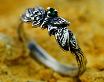 Moth Engagement Ring with Emerald, Nature Inspired Twig Ring with Flower Design, Tree Branch Ring for Women