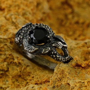 Fairy Witch Wedding Ring with Black Dragon, Ethereal Forest Engagement Ring Women, Branch and Leaves with Dark Nature Silver Elven Jewelry