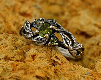 Ethereal Fairy Witchy Wedding Band, Braided Olive Branch Band Silver Engagement Ring, Dark Aesthetic Forest Ring with Nature Themed
