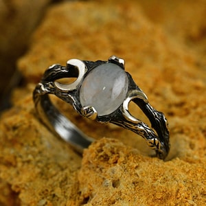 Moonstone Witchy Goddess Ring, Forest Tree Bark Promise Ring, Dark Fairy Elvish Engagement Ring, Fantasy Estate Ethereal Jewelry for Women