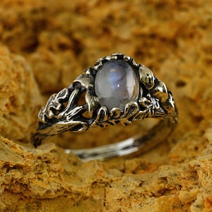 Mushroom Elvish Engagement Ring with Witchy Oak Leaf, Dark Cottagecore Forest Moonstone Ring, Unique Fantasy Silver Jewelry Gift