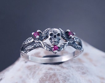 Author&#39;s Gothic Ring, Skull with Leaves, Skull with Leaves on Branches Surrounded by Mystic Ruby, Gift in the Gothic style