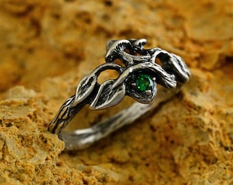 Unique Cottagecore Mushroom Engagement Ring for Women with Forest Design, Non Traditional Leafy Twig Wedding Witchy Ring in Silver
