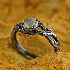 Ethereal Fairy Witchy Wedding Band Women, Fantasy Forest Magic Engagement Ring, Woodland Elven Moonstone Ring, Unique Nature Jewelry
