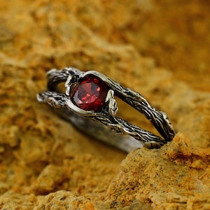 Mens Wedding Ring Celtic Tree Bark, Nature Inspired Elvish Engagement Ring, Fantasy Magical Ring with Garnet Branch, Enchant Forest Jewelry