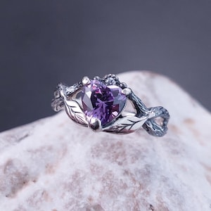 Celtic Style Amethyst Engagement Ring, Amethyst Heart Ring on Branches, Heart with Leaves on Branches Interlacing, Gift For Her