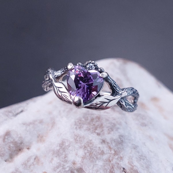 Celtic Style Amethyst Engagement Ring, Amethyst Heart Ring on Branches, Heart with Leaves on Branches Interlacing, Gift For Her