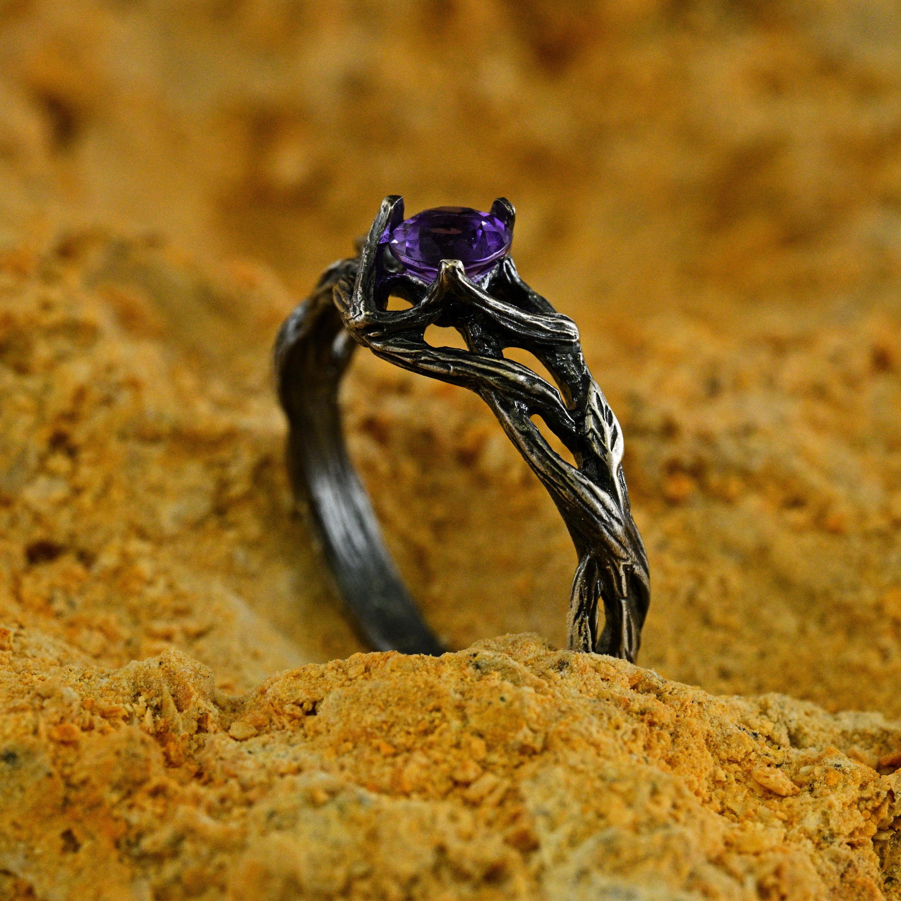 Viking Twisted Vine Wedding Band Fantasy Style for Women Silver, Unique Twig Leaf Amethyst Norse Engagement Ring for Promise
