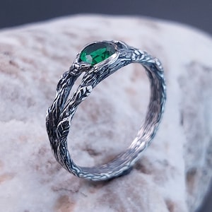 Dainty branch and leaves Emerald ring, Leaf on the twig ring, Wild nature ring, Unique emerald ring, Unusual engagement ring for her