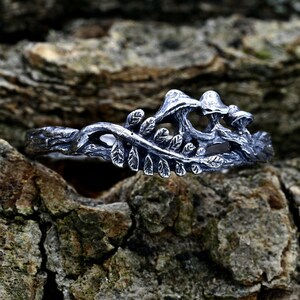 Unique Silver Mushroom Ring, Branch and Fern Engagement Ring, Gift for Her, Forest Wedding Band, Nature Inspired Woodland Ring image 2